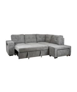 DIVANO LETTO CON PENISOLA A DESTRA BELLAHOME "GAIA" TESSUTO GRIGIO CON POUF E CONTENITORI, 254X83/194X88 CM
